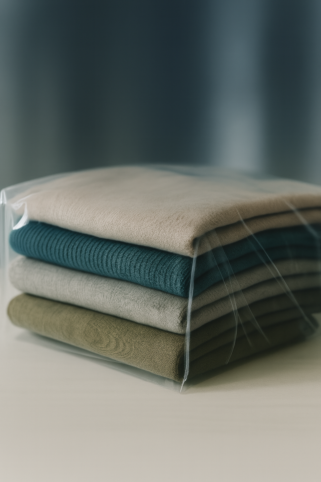 Textile packaging – folded fabrics in clear bags